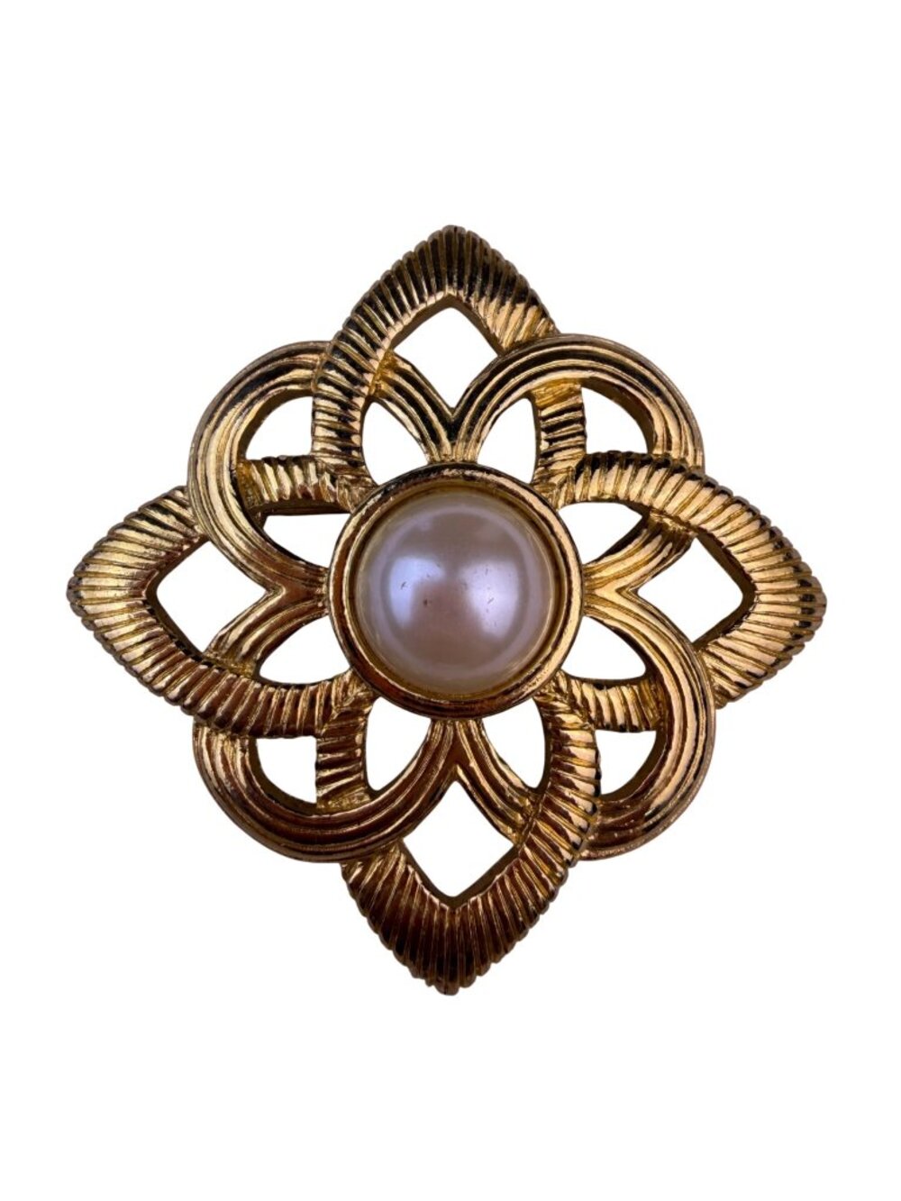 Vintage Womens Gold Tone Faux Pearl Brooch Elegant Floral Design